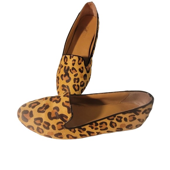 J Crew Factory Womens Shoes Size 8 Calf Hair Smoking Loafers Leopard Flats - Picture 1 of 6